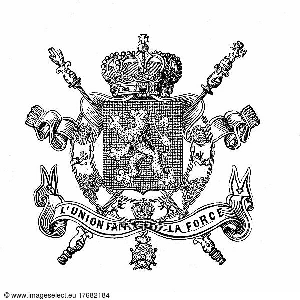 State coat of arms  coat of arms from 1890  Belgium  digitally restored reproduction of an original template from the 19th century  exact original date not known  Europe