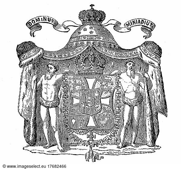 State coat of arms  coat of arms from 1890  Denmark  digitally restored reproduction of an original template from the 19th century  exact original date not known  Europe