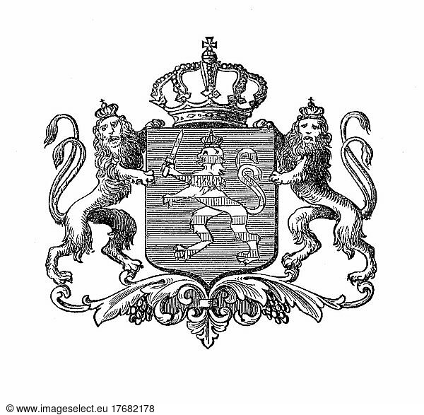 State coat of arms  coat of arms from 1890  Hesse  Germany  digitally restored reproduction of an original template from the 19th century  exact original date not known  Europe