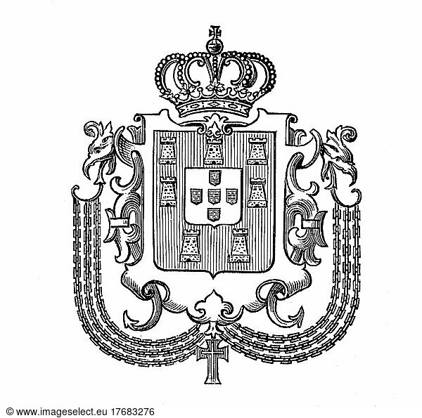 State coat of arms  coat of arms from 1890  Portugal  digitally restored reproduction of an original template from the 19th century  exact original date not known  Europe