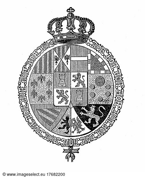State coat of arms  coat of arms from 1890  Spain  digitally restored reproduction of an original template from the 19th century  exact original date not known  Europe