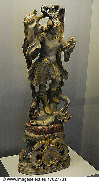 Statue of the Archangel Michael  slaying Satan as a dragon. Alabaster. Viceroyalty of Peru  17th century. Huamanga  Peru. Museum of the Americas. Madrid  Spain.