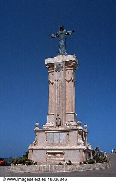 Statue on Monte Toro  Menorca  Balearic Islands  Spain  Statue on Monte Toro  the highest mountain in Menorca  Balearic Islands  Spain  Europe  vertical  Europe