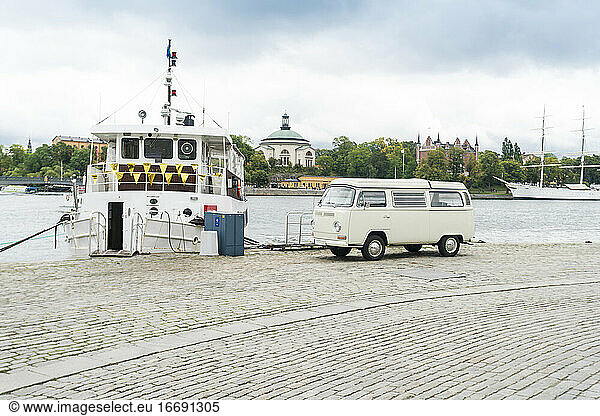 steam cruise boat and a camper near the royal palace in Gamla Stan