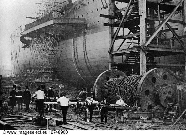 STEAMSHIP: 'GREAT EASTERN.' Crewmen checking the drum of the 'Great Eastern' before its first  abortive launch attempt  November 1857.