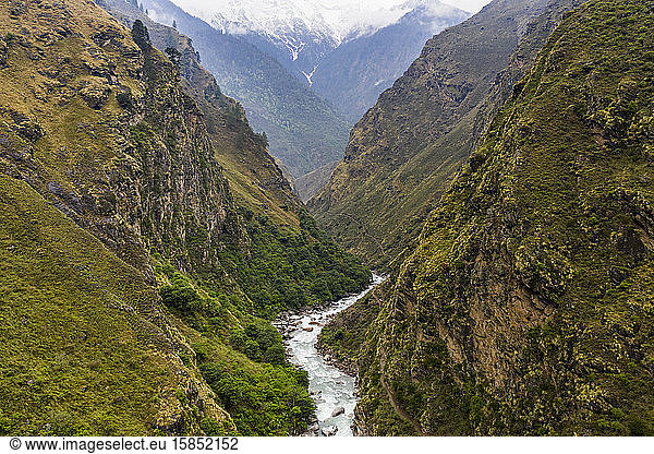 steep rugged river valley landscape in the mountains  Himalaya Nepal