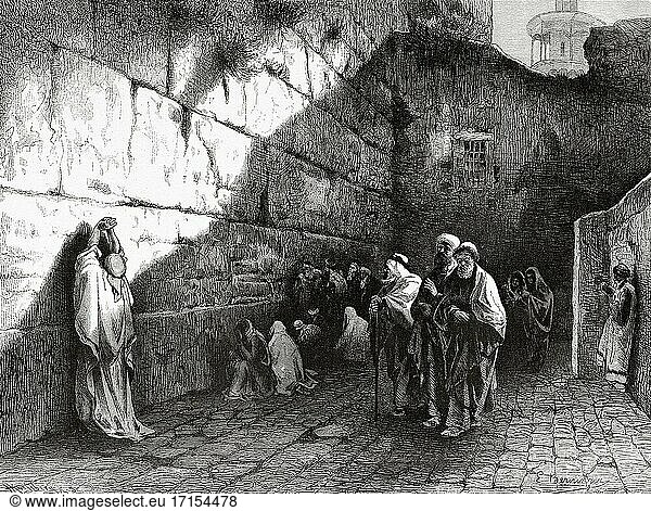 Steinmauer um die Altstadt von Jerusalem  Israel. Alte gestochene Illustration aus dem 19. Jahrhundert aus El Mundo Ilustrado 1879.