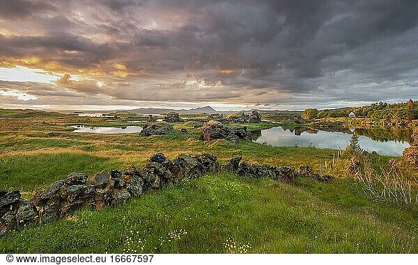 Steinmauer und Lavaformationen aus vulkanischem Gestein ragen aus grüner Wiese mit dramatischem Himmel im Abendlicht am Kalfaströnd  Haus spiegelt sich im See Mývatn  Skútustaðir  Norðurland eystra  Island  Europa
