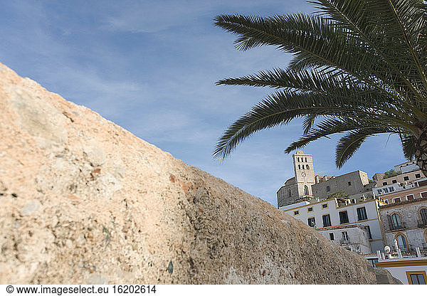 Steinmauer und Palme im Dorf