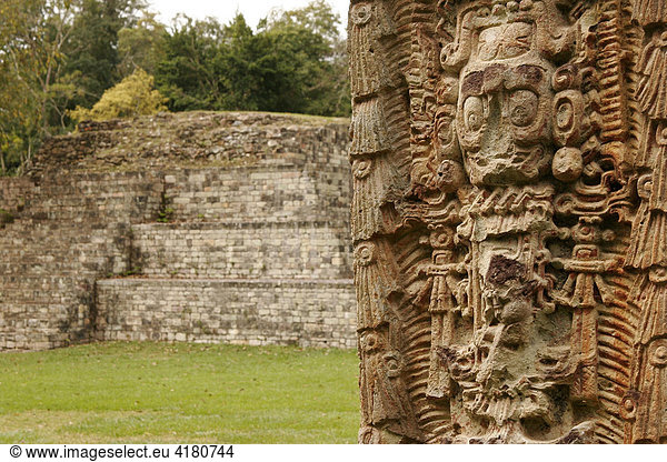 Stela und Pyramide  Copan Ruinas  Copan  Honduras