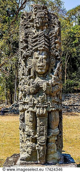 Stele A mit Gesicht von Gott Ahau Pop dar  Mayastätte  Copan  Honduras  Mittelamerika
