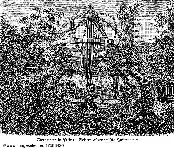 Sternwarte  Instrumente  Äquator  Längengrad  Park  Drache  Konstruktion  Metall  historische Illustration 1885  Peking  China  Asien