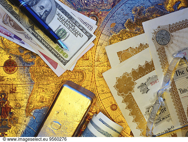 Stift Stifte Schreibstift Schreibstifte Antiquität Gold Urkunde Fond Weltkarte