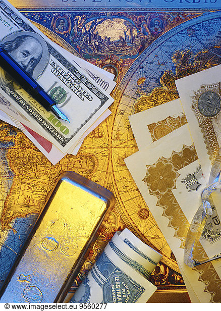 Stift Stifte Schreibstift Schreibstifte Antiquität Gold Urkunde Fond Weltkarte