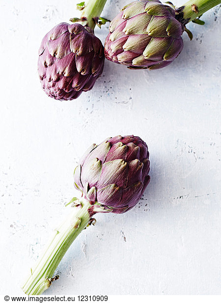Still life of artichokes  overhead view