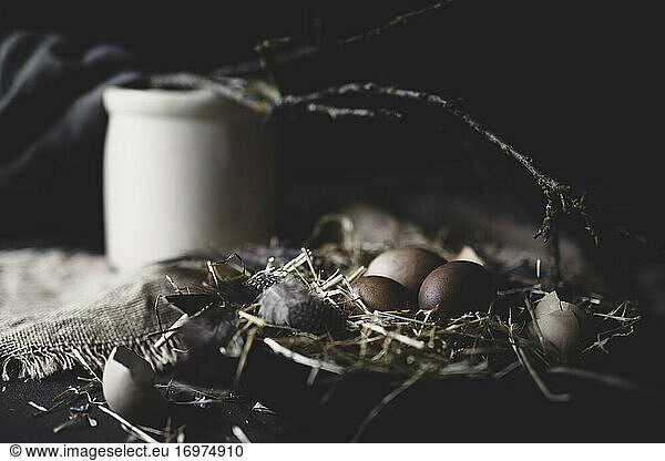 still life of dark brown eggs with crock in background