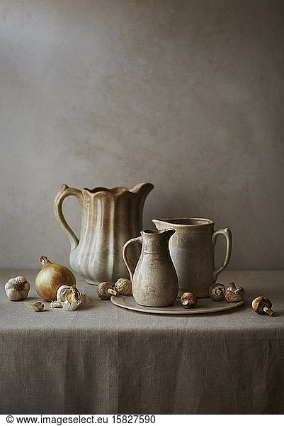 Still life of Ironstone ceramics with onions garlic and mushrooms