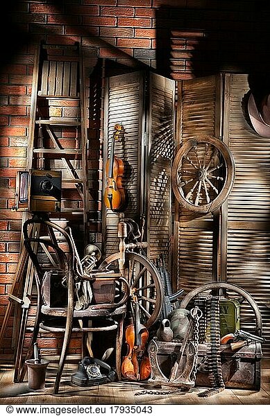 Still life with old ladder  violins and wooden ladder