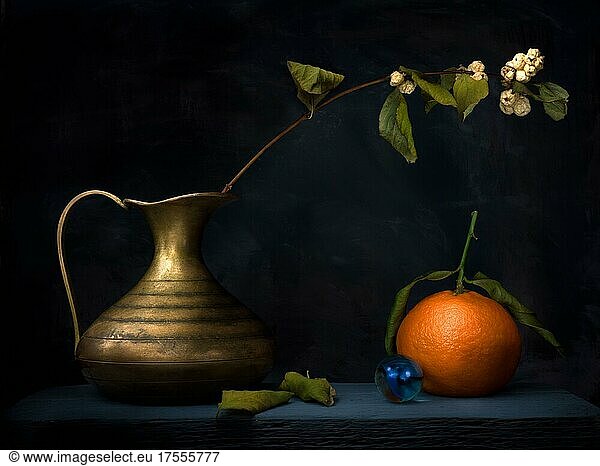 Still Life with Tangerine  Glass Ball and Snowberries Branch in Brass Vase  Studio Shot  Dark Background