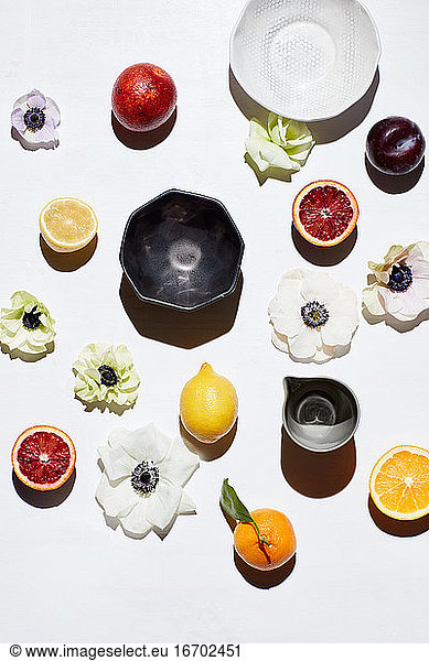Stilleben mit Keramikschalen  Früchten und Blumenstielen