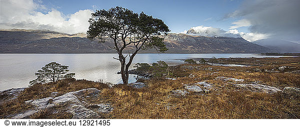 Stitched panoramic of Loch Maree and Slioch after a series of passing rain showers  Wester Ross  North West Highlands  Scotland  United Kingdom