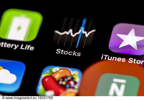 Stocks App  App Icons on a mobile phone display  iPhone  Smartphone  close-up