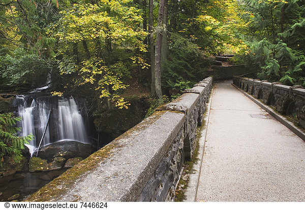 Stone bridge over Whatcom Creek in the forests of Bellingham  Washington