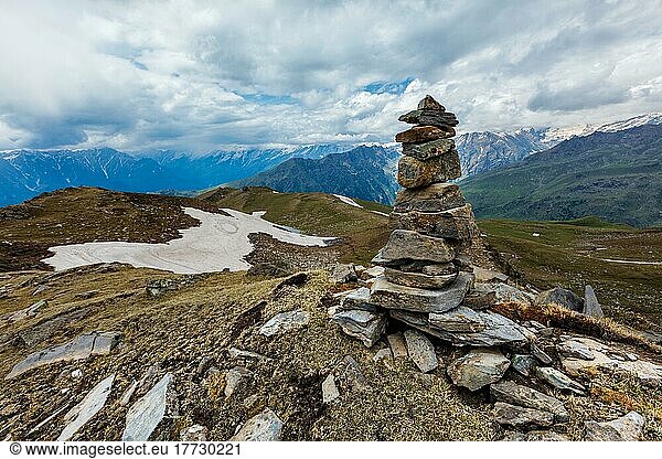 Stone cairn in Himalayas. Near Manali  above Kullu Valley  Himachal Pradesh  India  Asia