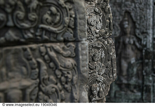 Stone carved godess at the walls of Bayon in Angkor Thom temple  Angkor Wat  Cambodia.