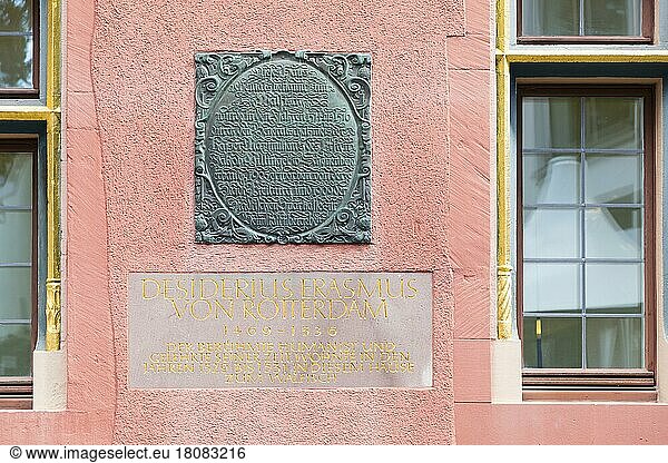 Stone plaque on the façade in today's Haus zum Walfisch about the stay of Erasmus of Rotterdam  Franziskanerstraße  Freiburg im Breisgau  Baden-Württemberg  Germany  Europe