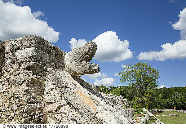 Stone Serpent Head  Temple of the Warriors  Mayan Ruins  Mayapan Archaeological Zone  Yucatan State  Mexico  North America