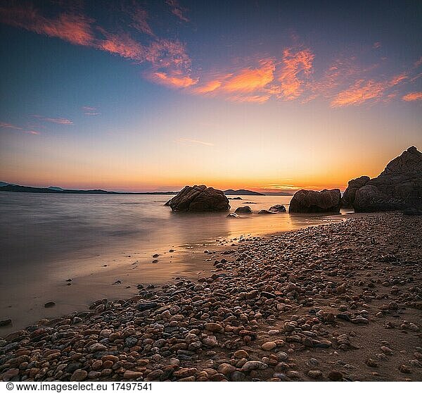 Stony beach  beach at sunset  long exposure  Ouranoupoli  Greece  Mediterranean Sea  Europe