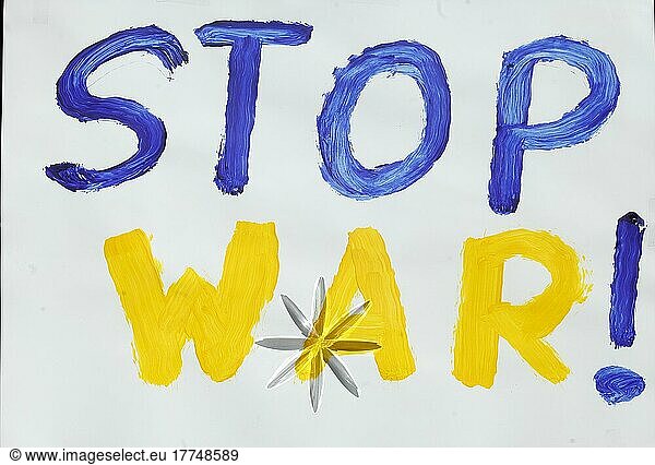Stop War sign in the national colours of Ukraine  symbolic image of the Ukraine conflict  Germany  Europe