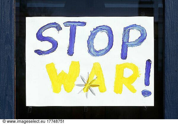 Stop War sign in the national colours of Ukraine  symbolic image of the Ukraine conflict  Germany  Europe