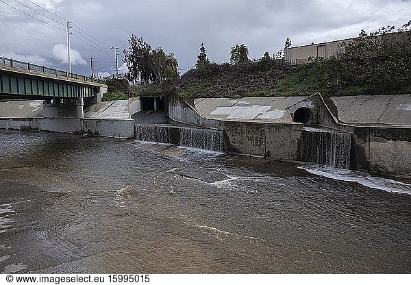 Storm drain along Ballona Creek  Culver City  Los Angeles  California  USA.