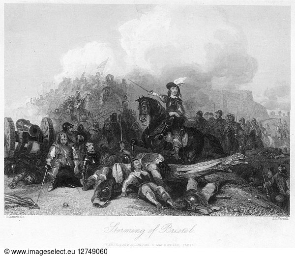 STORMING OF BRISTOL  1643. King Charles I of England (1600-1649) successfully storming the Parliamentarian stronghold of Bristol on 26 July 1643. Steel engraving  English  19th century.