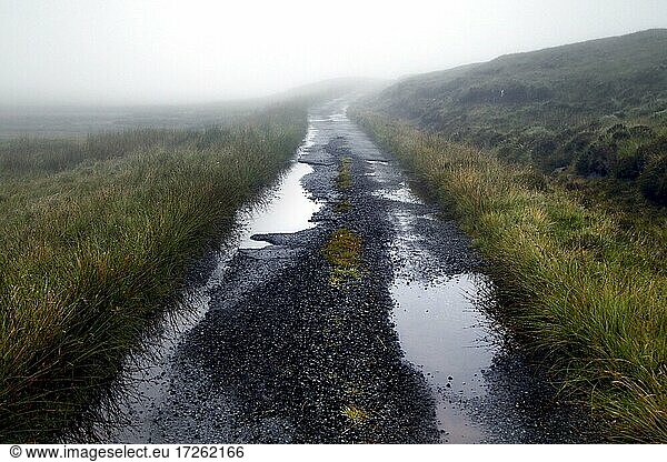 Straße  einspurig  Single Track Road  Pfützen  Regen  Ramasaig  Isle of Skye  Skye  Innere Hebriden  Hebriden  Highlands  Hochland  Schottland  Großbritannien  Europa