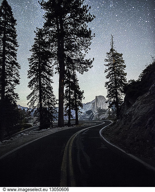Straße im Yosemite-Nationalpark an Silhouettenbäumen vorbei gegen den nächtlichen Sternenhimmel