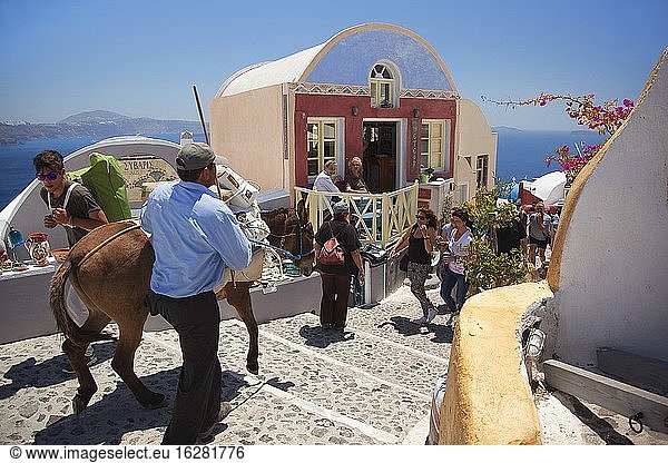 Straßenszene aus dem Dorf Oia mit einem Mann und einem Esel im Vordergrund  Santorin  Kykladeninseln  Griechische Inseln  Griechenland  Europa.