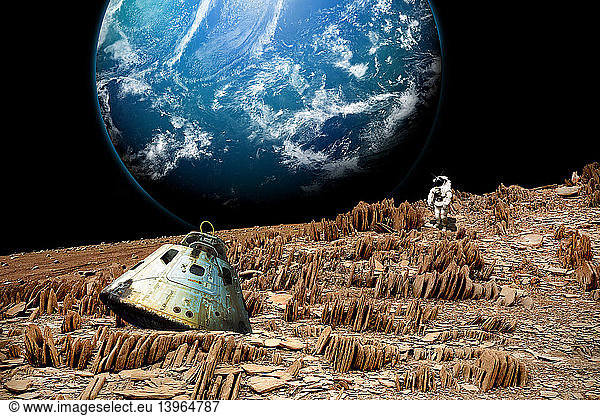 Stranded Astronaut on Barren and Rocky Moon