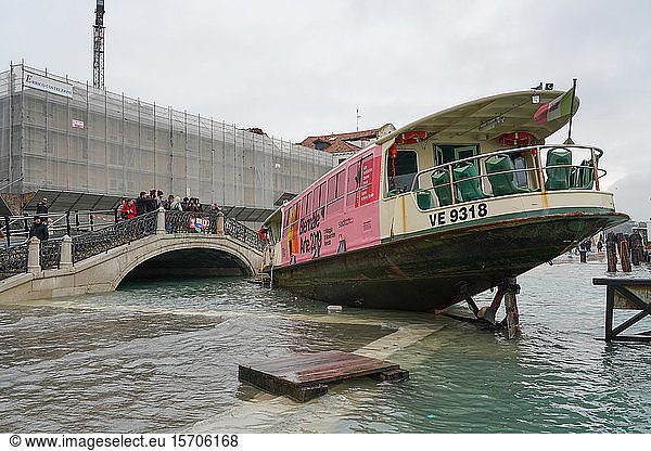 Stranded public boat during the high tide in Venice  November 2019  Venice  UNESCO World Heritage Site  Veneto  Italy  Europe
