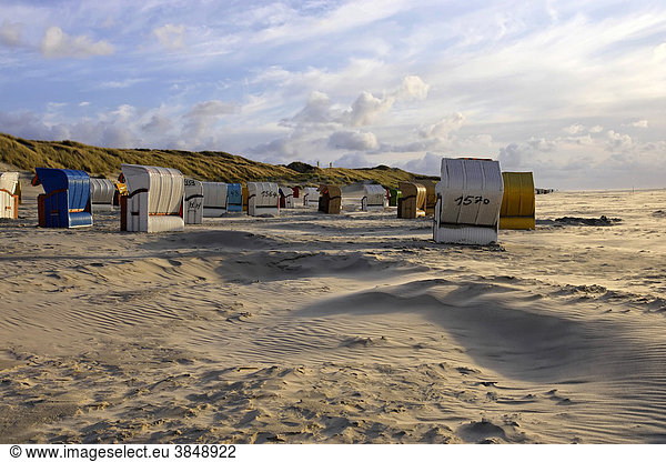 Strandkörbe im Sonnenuntergang  Insel Juist  Niedersachsen  Norddeutschland  Deutschland  Europa