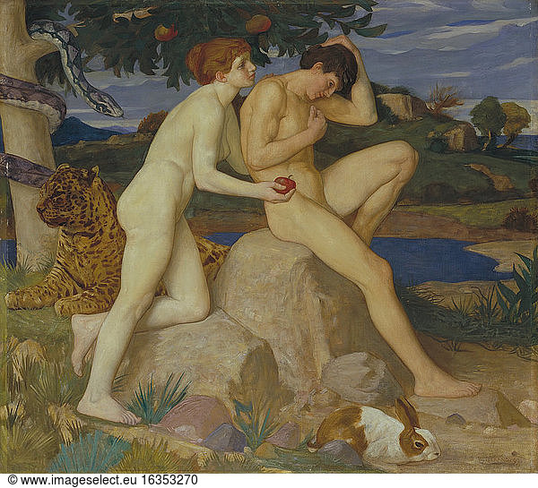 Strang  William. 1859–1921.'The Temptation'  1899.(Commissioned by the brewer Laurence Hodson as part of a a series of ten paintings for his library at Compton Hall  near Wolverhampton).Oil on canvas  137.3 x 151.3 cm.Ref. No.: T07518Presented by the Friends of the Tate Gallery 1999.London  Tate Britain.