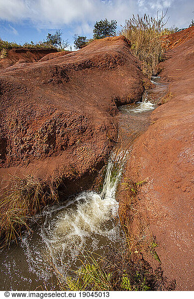 Stream and cascade running over red clay  Kauai