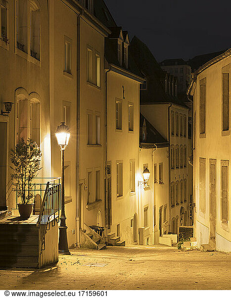 Street amidst building at night  Luxembourg City  Luxembourg