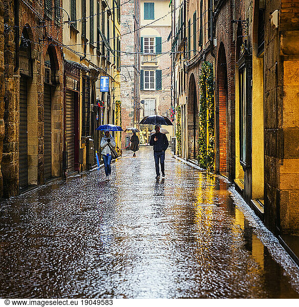 Street in rain in Lucca  Tuscany  Italy