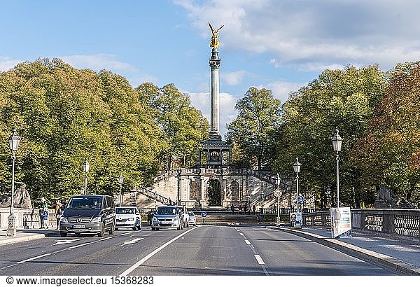Street over the Luitpold bridge with Angel of Peace at the Maximiliansanlagen  Munich  Upper Bavaria  Bavaria  Germany  Europe