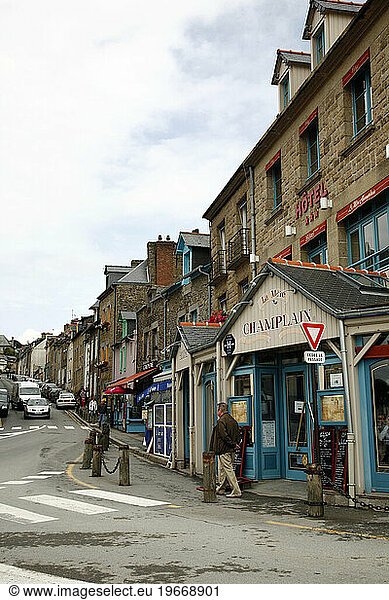 street scene by the port in Cancale  Brittany  France.