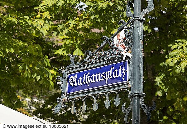 Street sign Rathausplatz with ornaments  in the background the gable of the New Town Hall  Freiburg im Breisgau  Baden-Württemberg  Germany  Europe