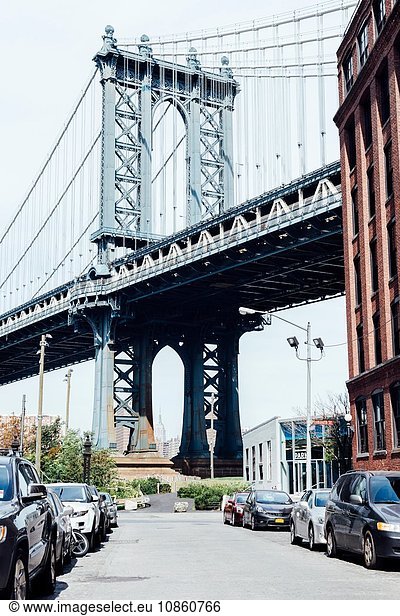 Street view of Manhattan Bridge  New York  USA